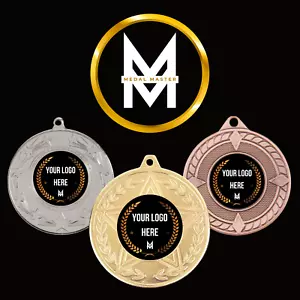 CUSTOM 55MM MEDALS INCLUDING LOGO & RIBBON GOLD SILVER BRONZE - Picture 1 of 5