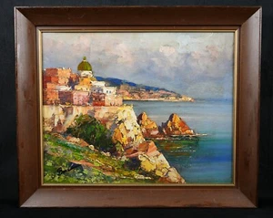 Vintage Framed Original Seascape Acrylic on Canvas "View of Positano Coast" - Picture 1 of 12