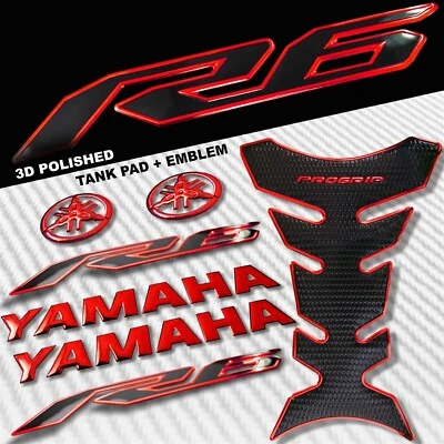 2-TONE CHROMED RED PRO GRIP FUEL TANK PAD+8" YAMAHA LOGO+YZF-R6 EMBLEM STICKER - Image 1 of 4