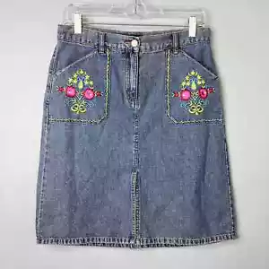 Vintage Moda International Bohemian Floral Embroidered Denim Skirt Womens Size 6 - Picture 1 of 16
