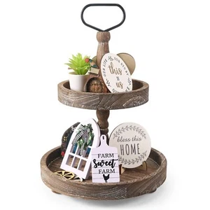 2 Tier Serving Tray With Tiered Stand Farmhouse Metal Handle For Home Kitchen - Picture 1 of 7