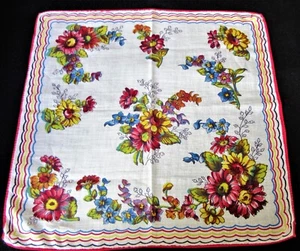Vintage Hankie Colorful & Cheery Summer Floral Theme Hand Rolled - Picture 1 of 3