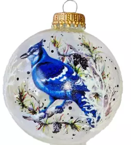 KREBS-GLAS Lauscha " Eine Weihnachtskugel aus Glas Ø 7 cm klar mit Blauhäher - Bild 1 von 1