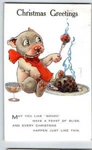 Bonzo Puppy Dog Eats Meatball Christmas Postcard Fantasy AR & Co Anthropomorphic - Picture 1 of 2