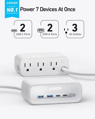 Estación de carga Anker Nano 100 W 2 tipos C tira de alimentación 3 tomas de CA 2 USB A 5 pies Foto 1 de 4