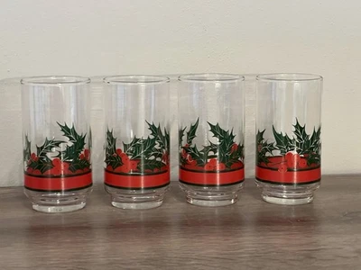 Libbey Holly & Berries 5” Tall Tumblers Christmas Water Glasses 10 Oz - Image 1 of 4