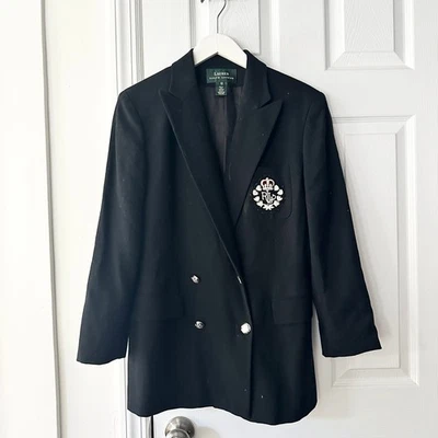 Ralph Lauren Green Label винтажный черный шерстяной герб карман двубортный блейзер 10 - Изображение 1 из 4
