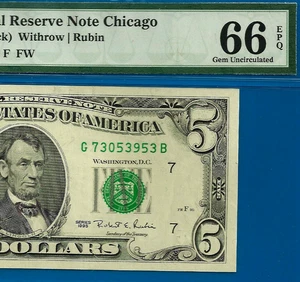 1995 $5 FRNote PMG 66EPQ - Top Pop Highest Graded GB Block Fr 1985-G - Picture 1 of 4