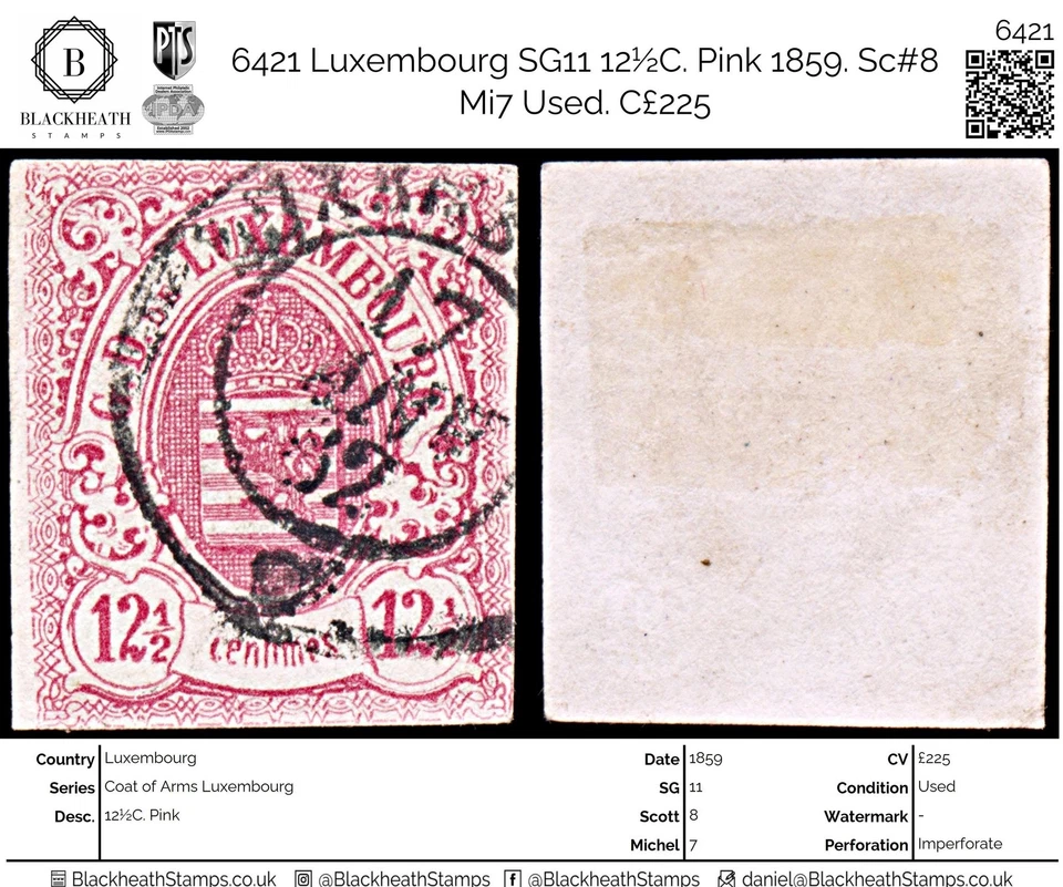 6421 Luxemburgo SG11 121/2C. Rosa 1859. Sc#8 Mi7 usado. C£225 - Imagen 1 de 4