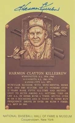 Harmon Killebrew Signed Gold HOF Plaque Postcard Yellow Autograph Twins JSA - Image 1 of 2