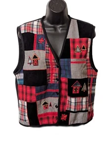 Vintage CHRISTMAS Vest Womens Petite MED Black Red TARTAN PLAID Embroidered - Picture 1 of 3