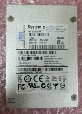 IBM System X 200GB SAS 6Gb 2.5" Solid State Drive SSD 00W1548 00W1551 TXA2D2 - Image 1 of 3