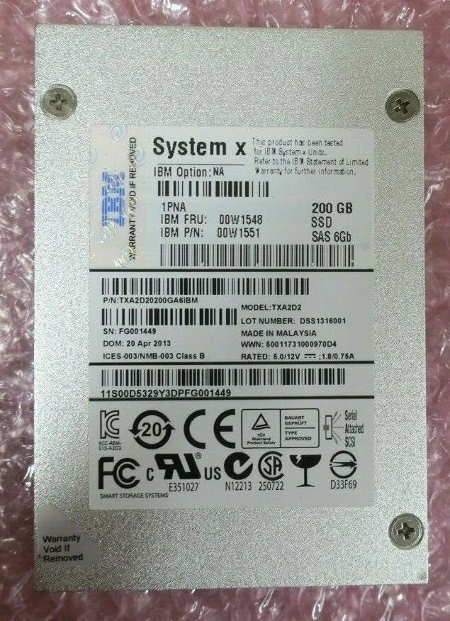 IBM System X 200GB SAS 6Gb 2.5" Solid State Drive SSD 00W1548 00W1551 TXA2D2 - Image 1 of 3