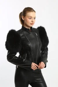 Brand New Women's Black Genuine Lamb Skin Moto Jacket With Real Fox Fur, Biker - Picture 1 of 6