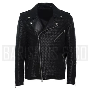 Herren Leder Motorrad Jacke - Schwarz Gewebt Biker Mantel, Echt Lammleder Slim Fit - Bild 1 von 10