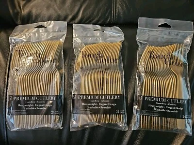 3xGold Heavy Duty Plastic Forks 24 Per Pack Tableware Decorations Party Supplies - Image 1 of 3