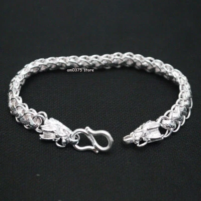 Pure 999 Fine Silver Bracelet Women Men 9mm Dragon Head Curb Link 7.5inch 19-20g - Image 1 of 4