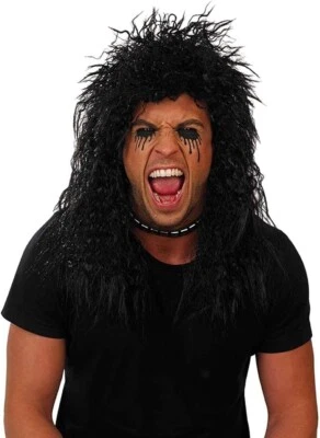 Men`s Long Black Glam Rocker Mullet Wig for Adult Rockstar Costume Rock Star - Image 1 of 2
