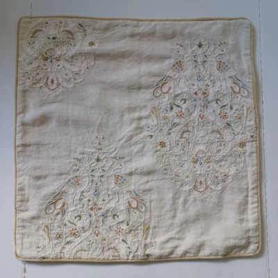 Pottery Barn Peacock Embroidered Pillow Cover 22" Flax Neutral Marketing Sample - Image 1 of 4