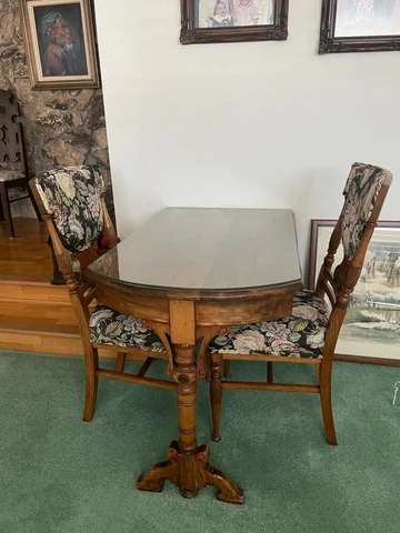 Ice cream walnut table with two oak chairs Cover
