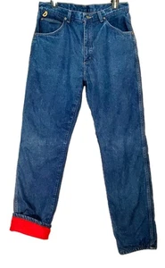 WRANGLER Rugged Wear Men's 33x34 Red Fleece Lined Blue Jeans 5-Pocket Warm Work - Picture 1 of 5