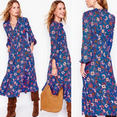 Boden Rosamund Jersey Midi Tea Dress 10R Blue Floral Print Long Sleeve Stretchy - Image 1 of 4