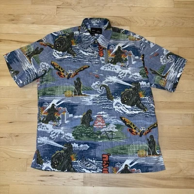 Reyn Spooner Godzilla & Mothra Blue Hawaiian Aloha Shirt Mens Medium RARE - Image 1 of 4