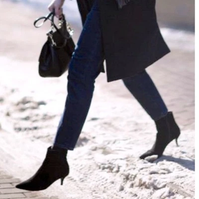 Manolo Blahnik Mujer Negro Gamuza Cuero Punta Gatito Tacón Botines 5.5 Foto 1 de 4