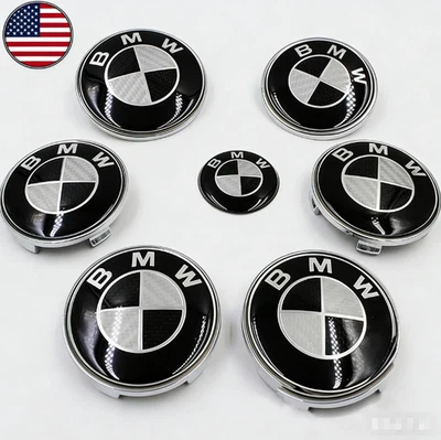 ⭕7PCS BMW Black Grey Front Emblem Centre Caps Badges 1Set 82mm/74mm/4x68mm/45mm Foto 1 de 4