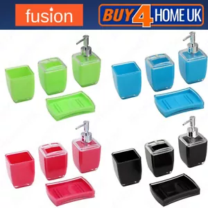 Bathroom Accessory Set - Square 4 Piece Soap Dish Dispenser Tumbler Toothbrush - Picture 1 of 5