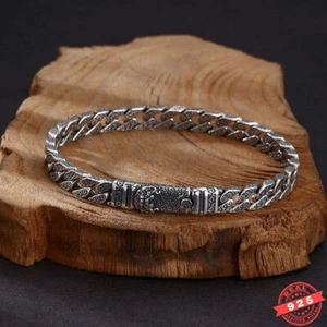 7MM Vintage Cuban Curb Link Chain Mens Fashion 925 Sterling Silver Punk Bracelet - Picture 1 of 7