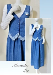 Vtg 80s Babydoll Tie Back Prairie Denim Jean Layered long sleeve T Dress M - Picture 1 of 8