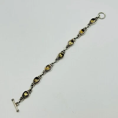 Vtg Sterling Silver Gemstone Panel Link Bracelet 7 ¼” Citrine Toggle Closure - Image 1 of 4