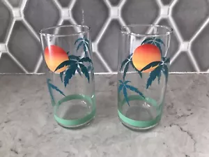 Vintage Anchor Hocking Sunset Palm Tree Drinking Glass Set Of 2 Retro Beach Rare - Picture 1 of 5