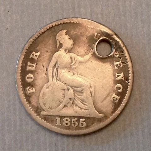 ~1855  Great Britain Victoria Fourpence Holed - FREE US SHIPPING Cover
