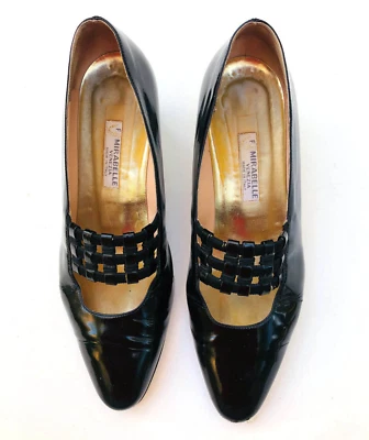 F Mirabelle Venezia Italian Designer VTG 80s Black Patent Court Heels 38.5 /8M - Image 1 of 4