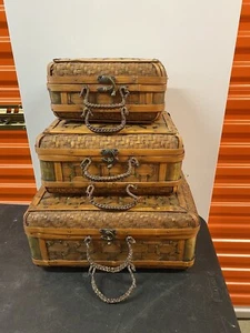 Set Of 3 Traditional Knit Bamboo & Brass Stackable Travel / Decor Bags - Picture 1 of 23