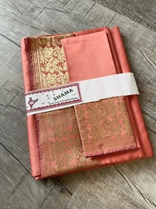 Indian Women's NEW Brocade Artificial Silk Sari SAREE LIGHT ORANGE w/Blouse 1010 - Picture 1 of 5