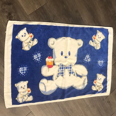 Vintage Japanese Haosheng Teddy Bear Eating Dessert Blue And White Kid’s Towel - Image 1 of 4