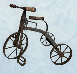 VINTAGE HEAVY IRON & WOOD tricycle TOY DECOR 12” - Picture 1 of 9