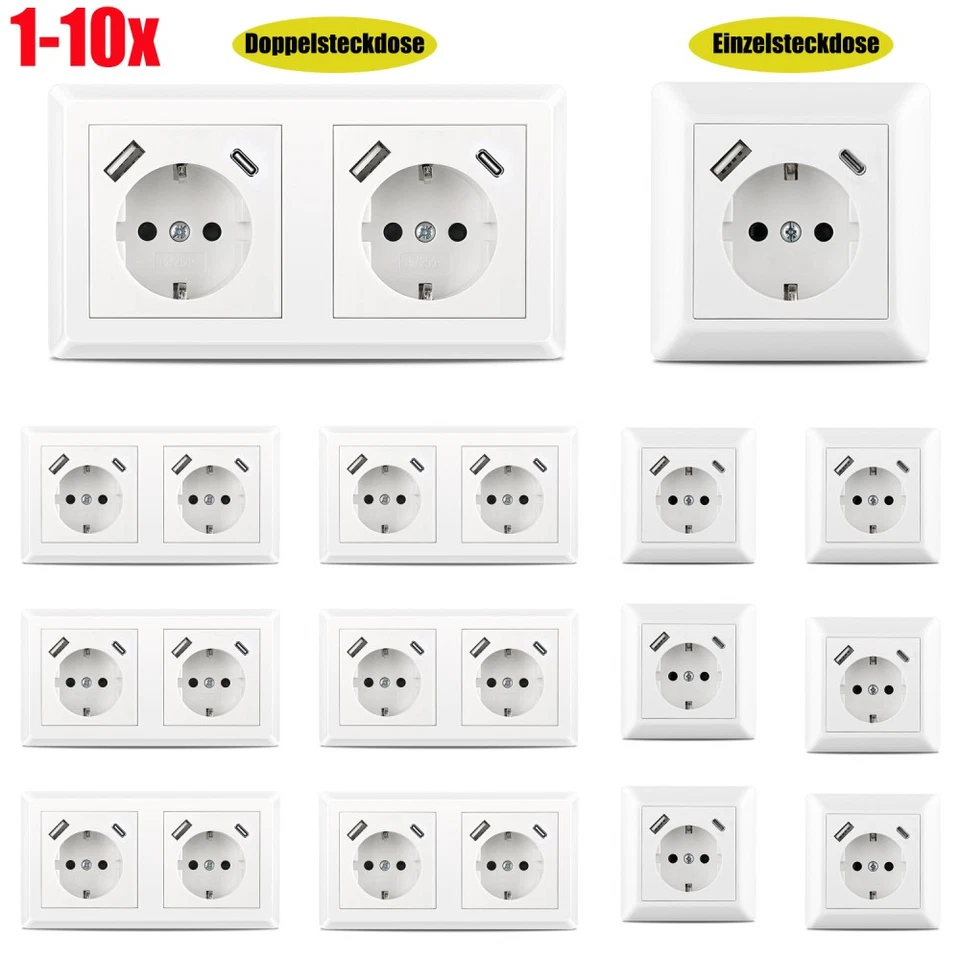 1-10X Steckdose mit USB-A &USB-C, 4000W | passend für Gira 55, JUNG AS 500, Weiß - Bild 1 von 4