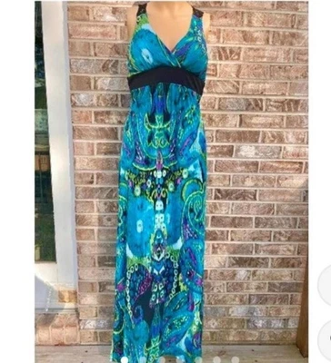 Women’s  Ruby Rox Teal & Multi Color Paisley Crochet Racerback Maxi Dress Size M - Image 1 of 4