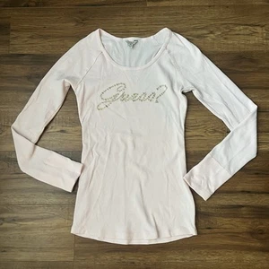 GUESS Long Sleeve Waffle Knit Shirt M Pink Logo Y2K McBling Spellout Coquette - Picture 1 of 7