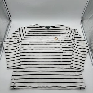 Lauren Ralph Lauren Sweater Womens Large White Black Striped Knit Crest Monogram - Picture 1 of 10