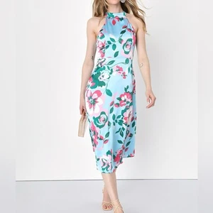 NWT Lulus Charming Celebrations Light Blue Floral Halter Midi Dress Size XS - Picture 1 of 12