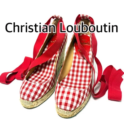 Christian Louboutin Gingham Check Ankle Ribbon Espadrilles Sandal Red Wedge - Image 1 of 4