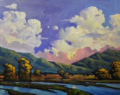 Arte Impresionista Suave Coloridas Nubes Original Paisaje Escena Lienzo Grande WH Foto 1 de 4