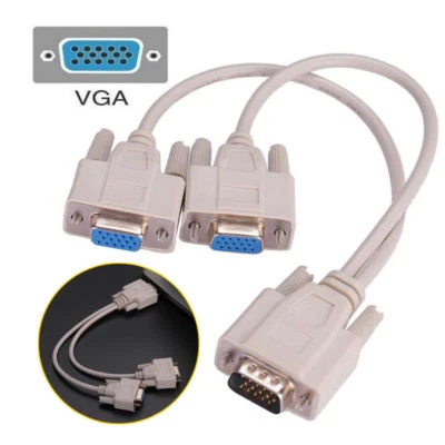 1 PC to 2 Way VGA SVGA Monitor Y Splitter Cable Lead 15Pin Male Female LCD TFT - Image 1 of 3