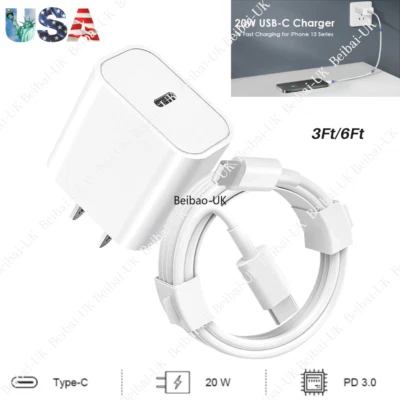 For iPhone 11 12 13 XR Fast Charger 20W Rapid USB C Wall Adapter PD Type C Cable - Image 1 of 4