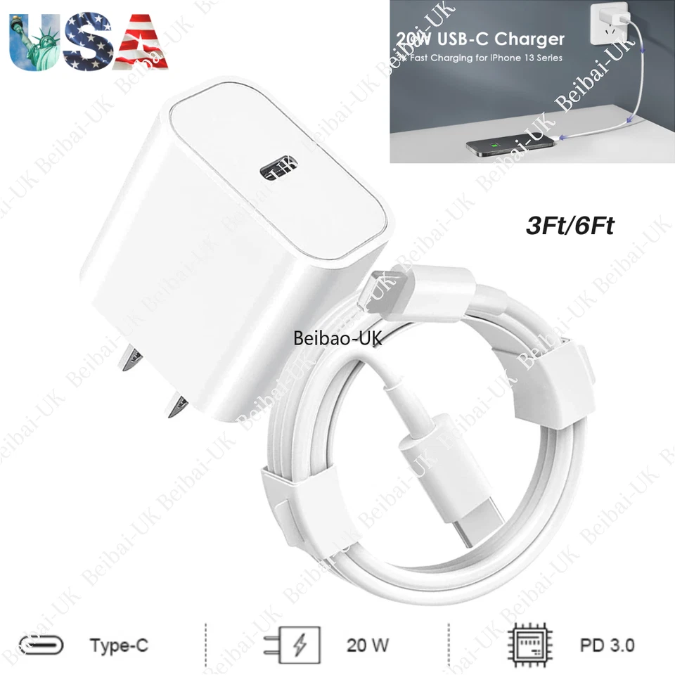 For iPhone 11 12 13 XR Fast Charger 20W Rapid USB C Wall Adapter PD Type C Cable - Image 1 of 4
